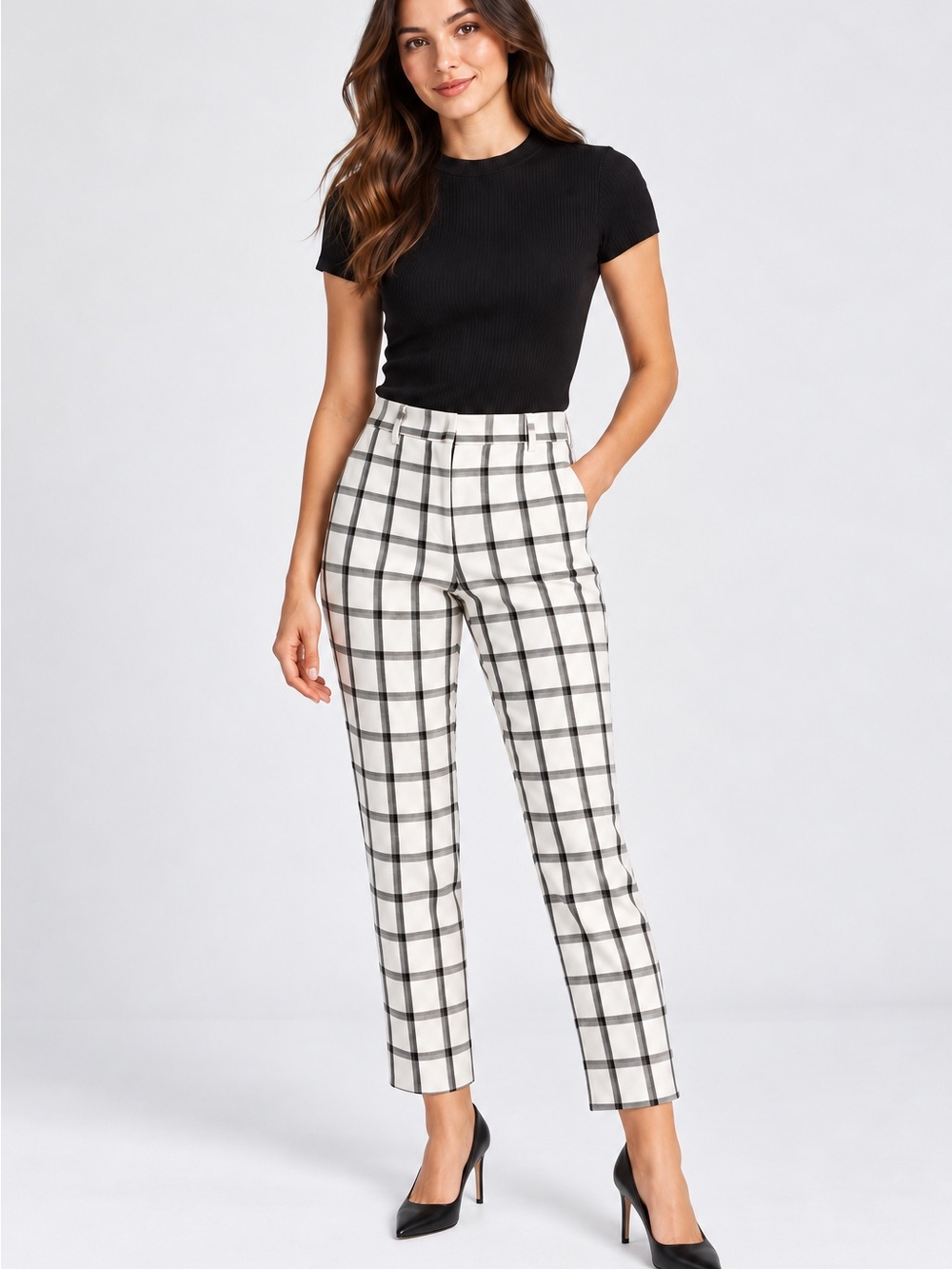 A52. Express Black & White Windowpane Cropped Trousers